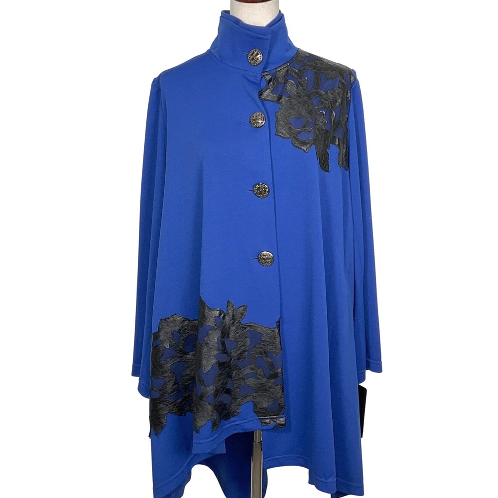 Neo Noble Jacket Women XL‎ Royal Blue Floral Applique Boho Unstructured Cape